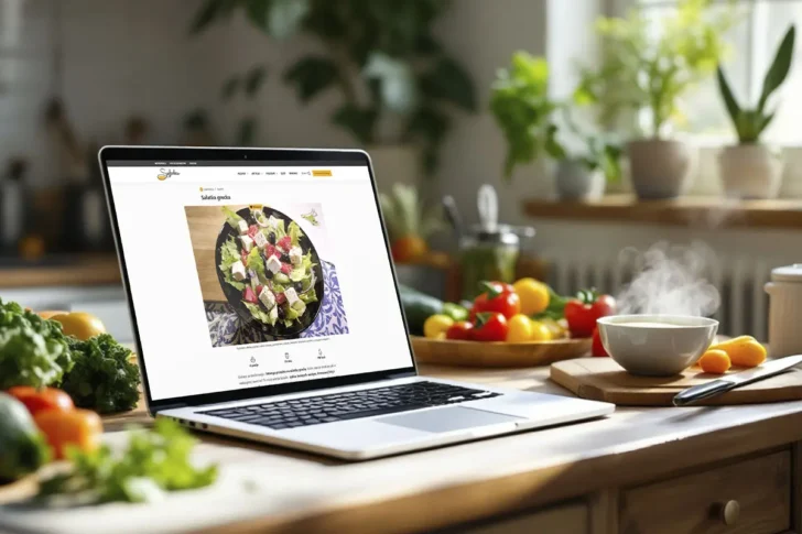 Laptop z otwartą stroną szefpoleca.pl z przepisem na sałatkę grecką – przykład bloga kulinarnego rozwijanego w oparciu o WordPress i SEO.